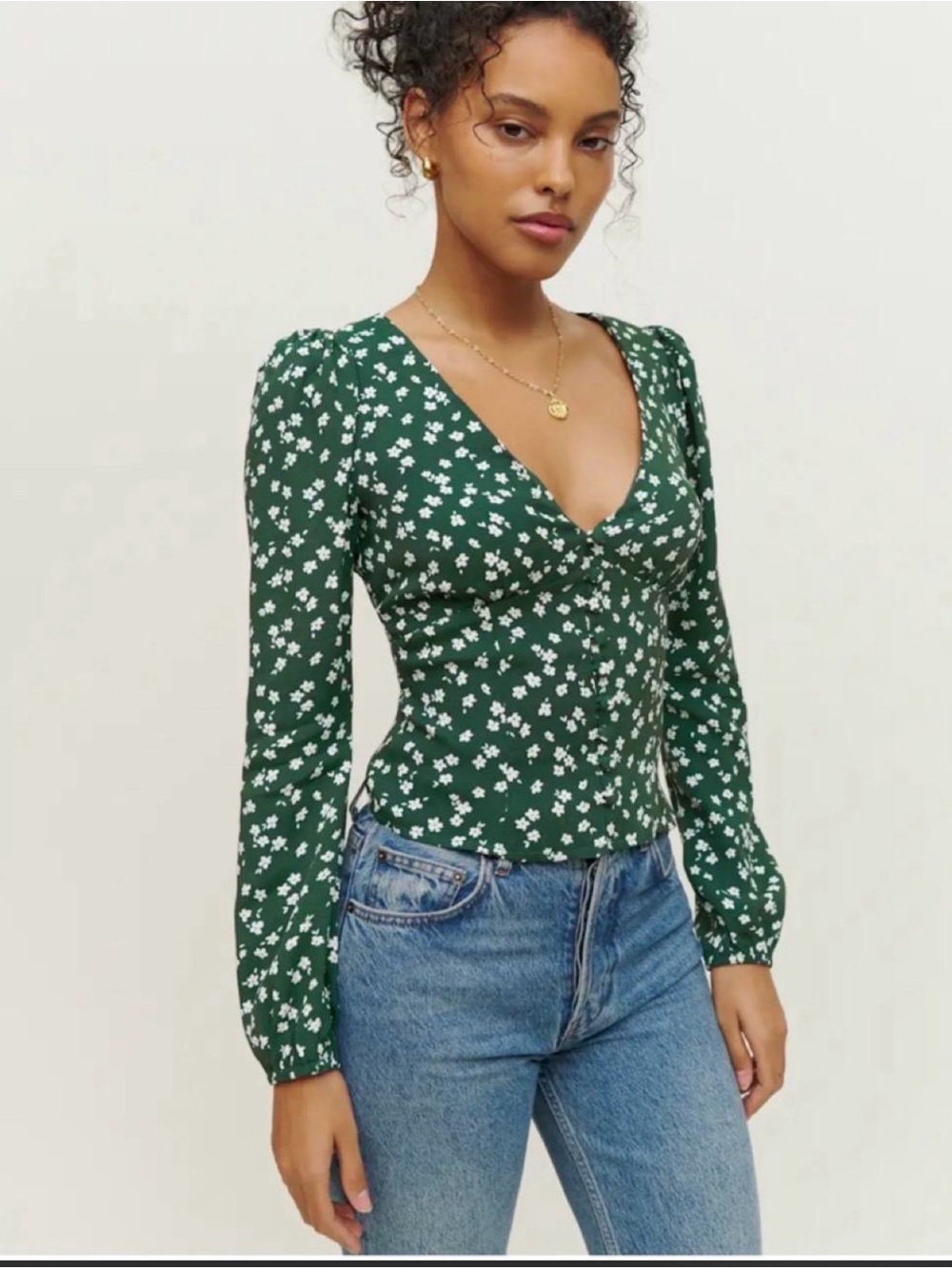 Reformation “Nell Top” Blouse Women’s Green V-Neck Romantic Floral Flirty - M